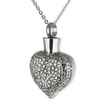 Asche Anhänger Herz in der Farbe Silber mit geprägtem Blumen Muster aus Edelstahl Gravur AP 285 Silber