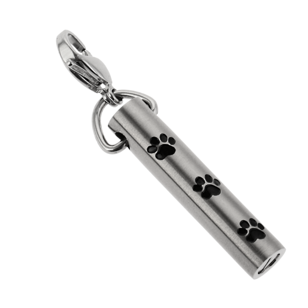 Charismatum® Schlüssel Asche Anhänger Titan Zylinder klein mattiert mit Karabiner, Pfotenabdrücken in schwarz T13 MK