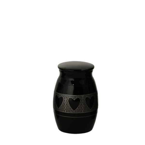 Micro Urne klein schwarzfarben aus Edelstahl mit Herzen MUS3 B