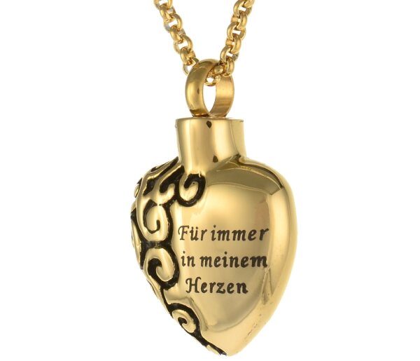 Charismatum® Asche Anhänger Herz "Für immer in meinem Herzen" aus Edelstahl Farbe Gold Gravur AP 110CG