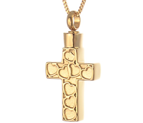 Kreuz als Asche Anhänger in der Farbe Gold aus Edelstahl mit kleinen Herzen Gravur AP 282