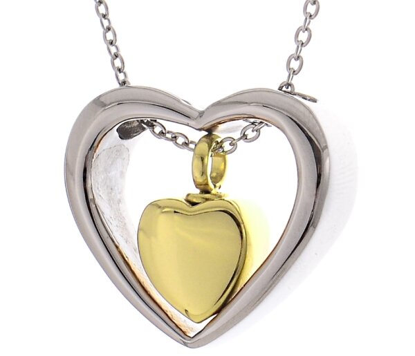 Asche Anhänger zweiteiliges Herz in den Farben Silber Gold aus Edelstahl AP 67