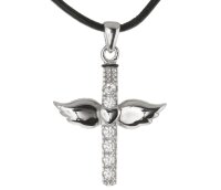 Charismatum® 925 Sterling Silber Asche Anhänger Kreuz mit Herz und Flügeln verziert mit Zirkonia Steinen APS 6