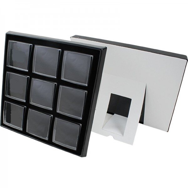 Display mit 9 durchsichtigen Verpackungen VVK1 Seitenrand schwarz, Innenteil schwarz
