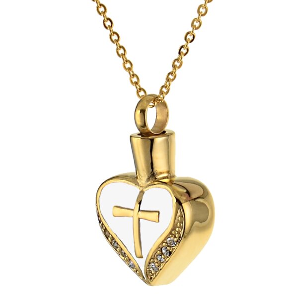 Asche Anhänger Herz in der Farbe Gold mit Zirkonia Steinen und einem Kreuz aus Edelstahl Gravur AP 476 Gold